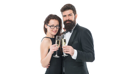 family celebrate holiday. business corporate party. cheers concept. couple in love. man in tuxedo with sexy lady. formal couple drink champagne for partnership. successful people business event