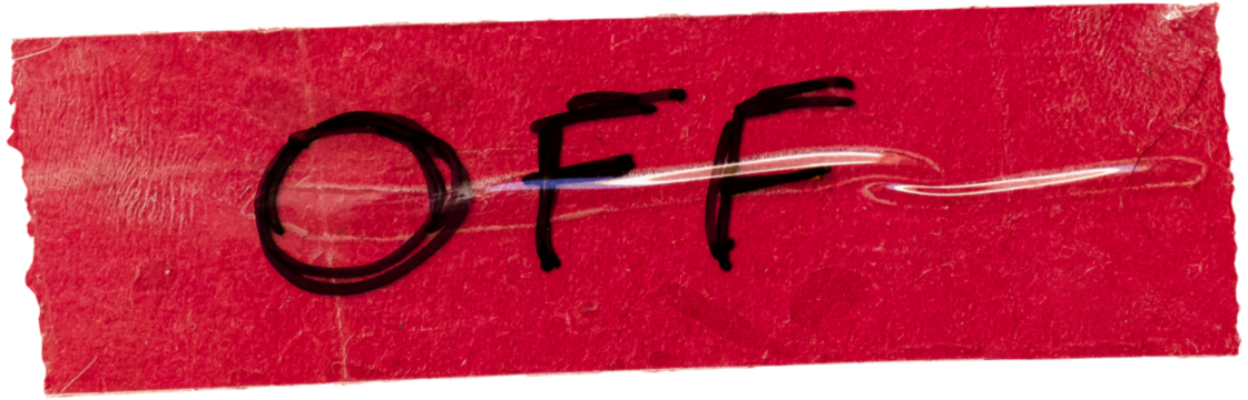 single sticker on red paper background, isolated sticker overlay showing the word OFF.