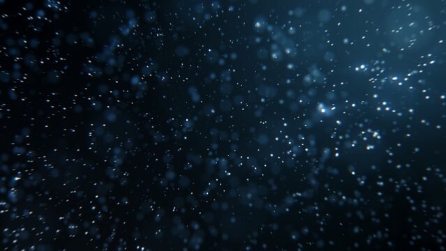 Hydrogen and sustainable blue hydro energy concept in an abstract glowing bubble particles 3d illustration on blue light motion background. Macroscopic festival or event and science background