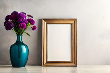 Violet vase arrangement on an off-white background, with a wooden minimalist picture frame as minimalist decor