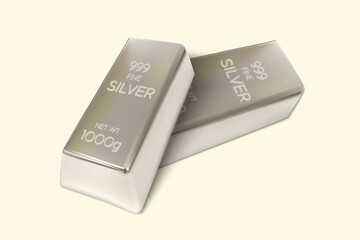 Two Silver bars on isolated background. 1000gm or 1Kg Silver Ingot. 3D Render. Vector illustration.