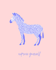 Express Yourself. Abstract Vector Illustration with a Violet-white Zebra with Leopard Skin Pattern instead of Stripes. Wild Zebra Isolated on a Light Coral Pink Background. Pink Safari Print.