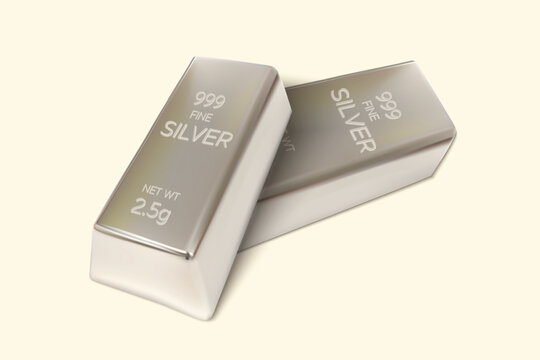 Two Silver bars on isolated background. 2.5gm Silver Ingot. 3D Render. Vector illustration.