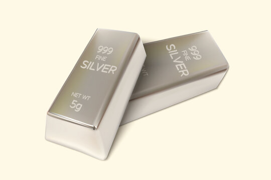 Two Silver bars on isolated background. 5gm Silver Ingot. 3D Render. Vector illustration.