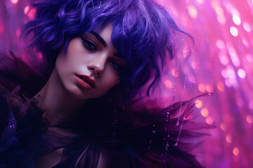 Young woman with purple hair in colorful bright neon lights. 