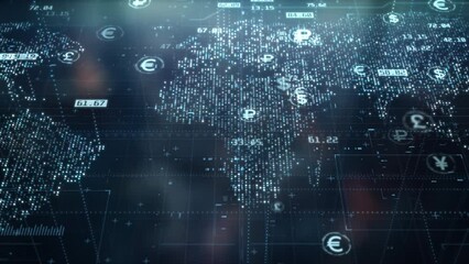 Global currencies exchange on abstract digital world map background. Stock market investment and trading concept. Transfer money technology and CBDC payments worldwide. Online banking account