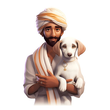 Indian man with a dog. Isolated on a white background.
