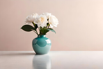Gardenia vase arrangement on a light pink background, with a metal minimalist wall clock as minimalist decor