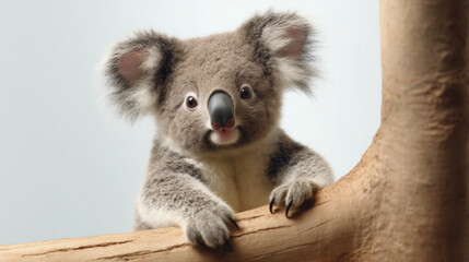 Naklejka premium Adorable koala placed against a white backdrop. Generative AI