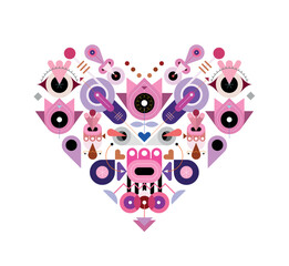 Colored heart shape design includes many abstract different objects and elements isolated on a white background, flat style vector graphic artwork.