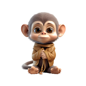 Little monkey isolated on white background. 3D illustration. Cartoon character.