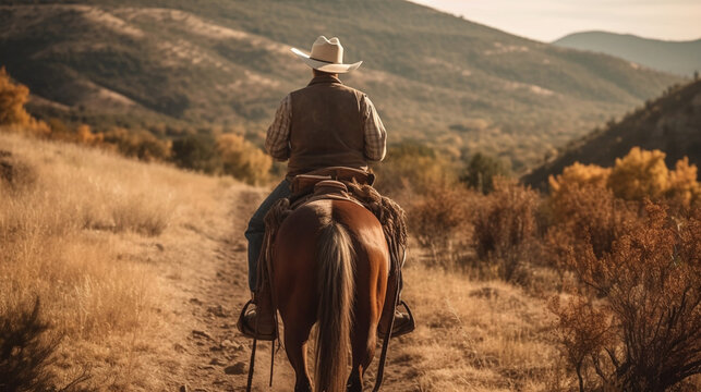 Cowboy riding a horse from a rear perspective, wearing a hat. Generative AI