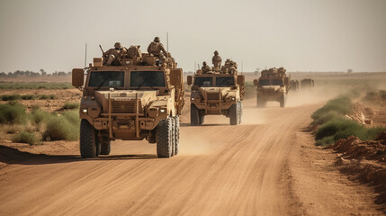 A convoy of military vehicles travels along a dusty pathway. Generative AI