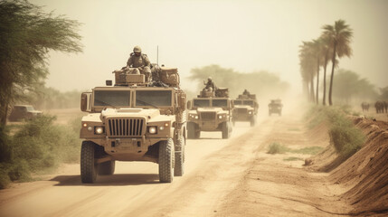 A convoy of military vehicles travels along a dusty pathway. Generative AI - obrazy, fototapety, plakaty
