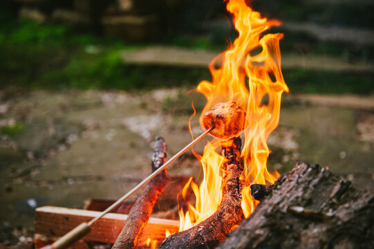 A marshmallow on a stick surrounded by lively flames over a campfire