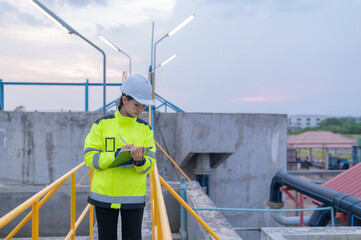 Environmental engineers work at wastewater treatment plants,Water supply engineering working at Water recycling plant for reuse,Check the amount of chlorine in the water to be within the criteria.