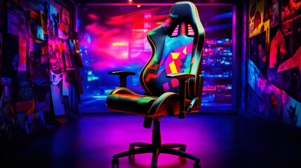 Fototapeta premium Gaming chair with vibrant backdrop Generative AI