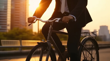 Crop view of businessman in expensive apparel riding on bicycle in city area on sunrise