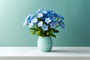 Forget-Me-Not arrangement in a vase on a light green background, with a ceramic minimalist planter as minimalist decor