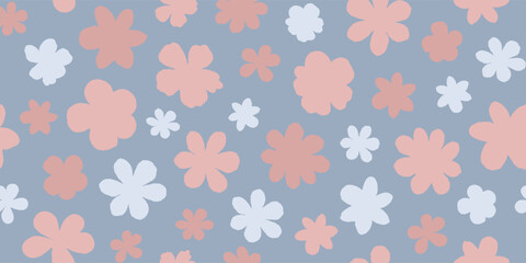 Seamless pattern with hand drawn flowers.Pink and blue flowers on blue background.Floral background in pastel colors for clothing design,textiles,promotional materials,covers and more.Vector