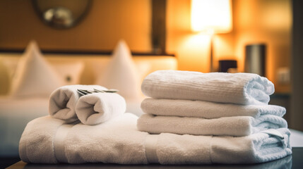 Towels placed on the bed in a hotel room. Generative AI