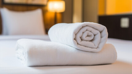 Towels placed on the bed in a hotel room. Generative AI