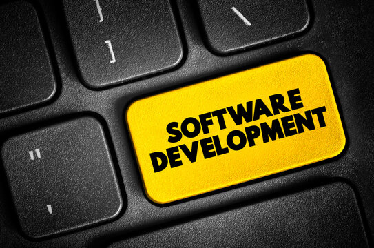 Software Development - set of computer science activities dedicated to the process of creating, designing and supporting software, text button on keyboard