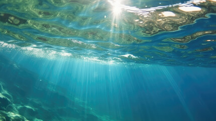 Fototapeta na wymiar underwater scene with sun rays through water. generative ai
