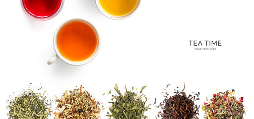 Creative layout made of cup of tea, green tea, black tea, fruit and herbal tea, sencha, ginger on...