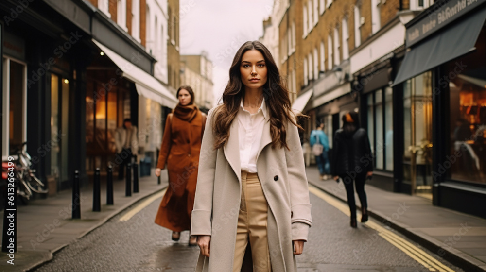 Wall mural Stylish woman in a beige coat walks along a busy street. 