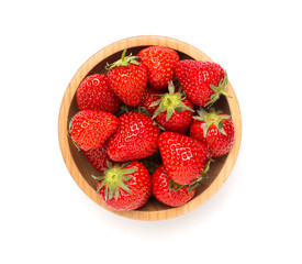 Bowl with fresh strawberries isolated on white, top view