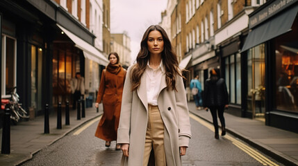Stylish woman in a beige coat walks along a busy street. 