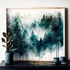 A peaceful watercolor landscape panting surrounded by mountains and trees - AI Generated