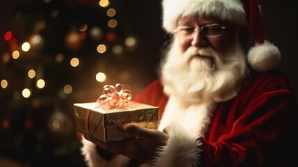 Fototapeta na wymiar Santa Claus giving a gift box on dark background with bokeh