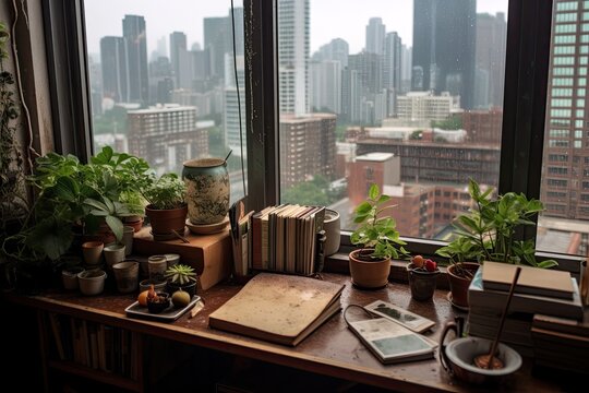 View from a plant-cluttered desk out a window into a rainy city, Generative AI	