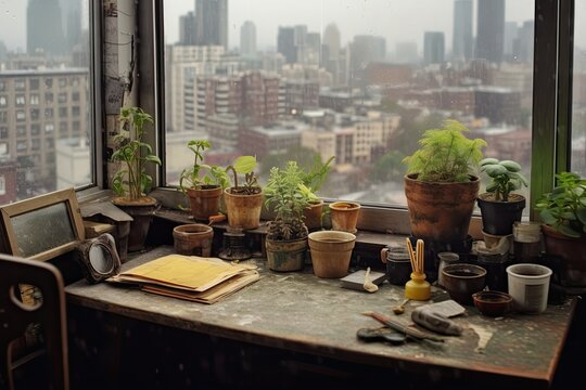 View from a plant-cluttered desk out a window into a rainy city, Generative AI	