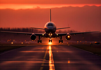 an airplane takes off from runway at dusk
