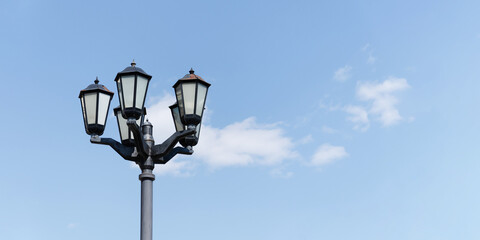 street lantern against clear blue sky. Retro Street lamp post . Space for text, banner, copy space