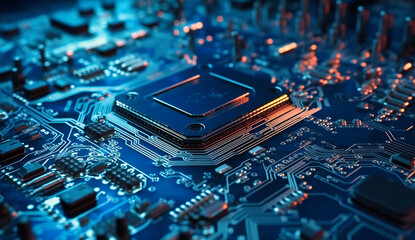 close up shot of blue electronic circuit board