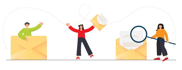 Set with persons sending letters, received e-mail, admitting the documents, receiving positive answer, getting incoming letter by e-mail with admitted documents, hiring people on work concept