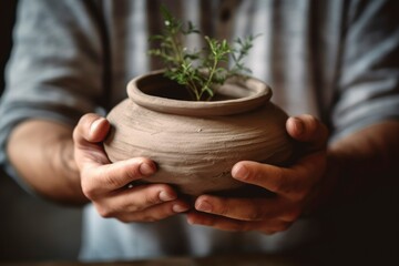 Man holding clay pot after pottery class. Man holding freshly made clay vase  in workshop interior. Classical earthenware creating, pottery art