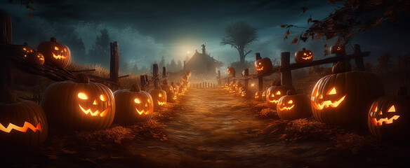 Fototapeta na wymiar Creepy halloween carved pumpkin jack-o-lantern in a spooky landscape at night. Generative ai