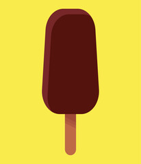 Chocolate ice cream lolly, vector illustration isolated on the yellow background, flat design. Ice cream bar,summer hot day. Cold yummy ice cream. Ice lolly and vacation concept.