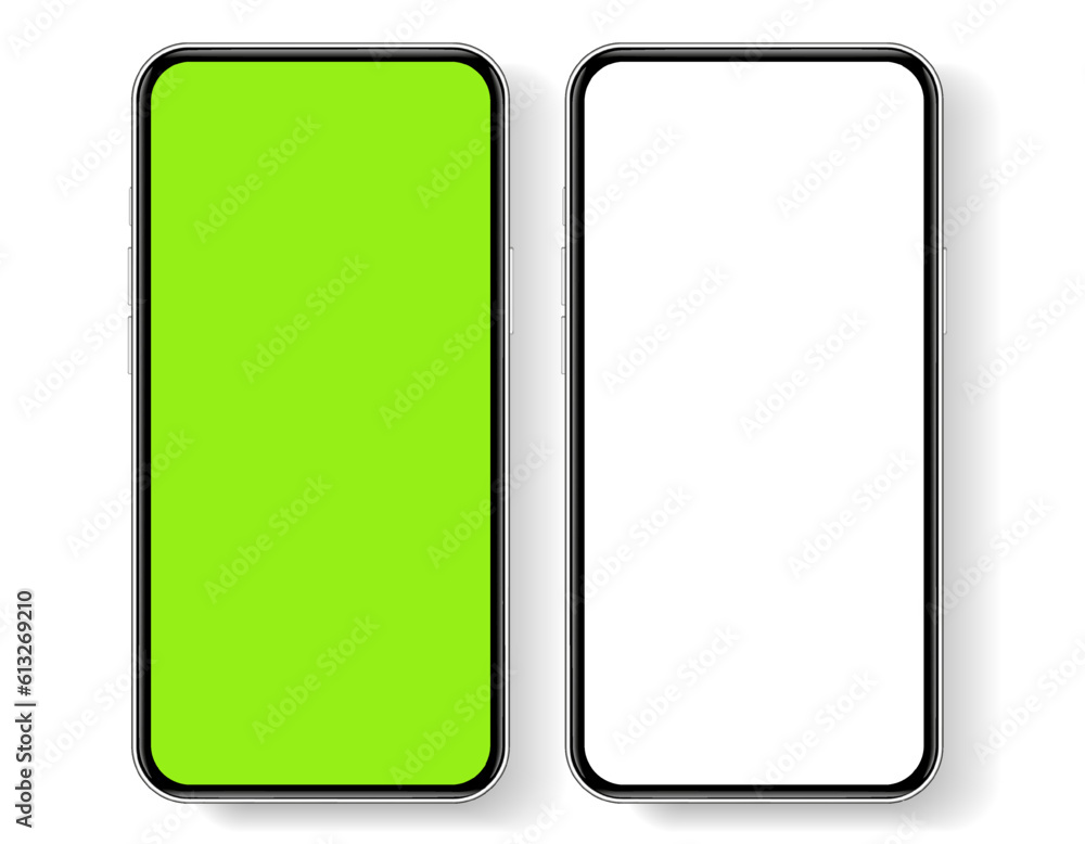 Poster 3D realistic high quality smartphone mockup with isolated background. Smart phone mockup collection. Device front view. 3D mobile phone with shadow on white background.