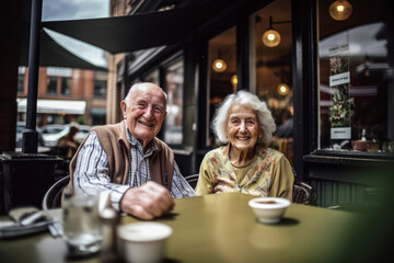 Fototapeta na wymiar Generative AI illustration of happy old Caucasian couple enjoying having a drink on a bar terrace