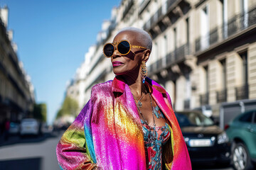 Fototapeta premium Generative AI illustration of 60 years old black woman dressed in haute couture walking through the streets of Paris