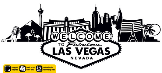 Detailed Las Vegas Nevada skyline vector, ideal for vinyl cutting. Showcases major Las Vegas sign landmarks in a single captivating design. Vinyl ready design. Wall sticker. Black & white silhouette. - obrazy, fototapety, plakaty
