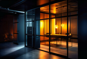 a glass door office on a dark hall