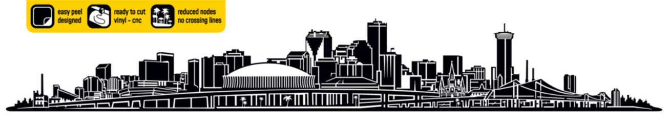 Detailed New Orleans USA skyline vector, ideal for vinyl cutting. Showcases major America landmarks in a single captivating design. Vinyl ready design. Wall sticker. Mississippi wall decal.