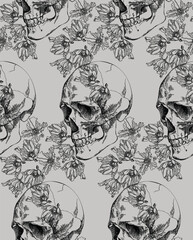 Vintage skull with flowers seamless pattern